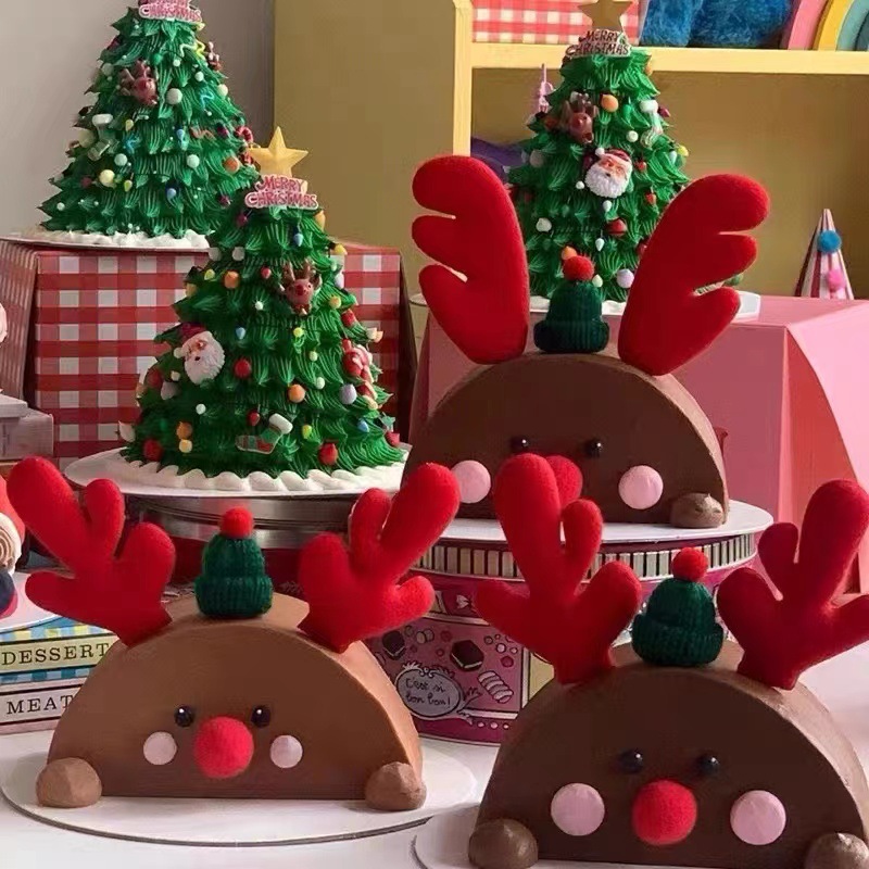 韩国圣诞节烘培蛋糕装饰圣诞小熊圣诞快乐毛线麋鹿角鼻子小帽子图