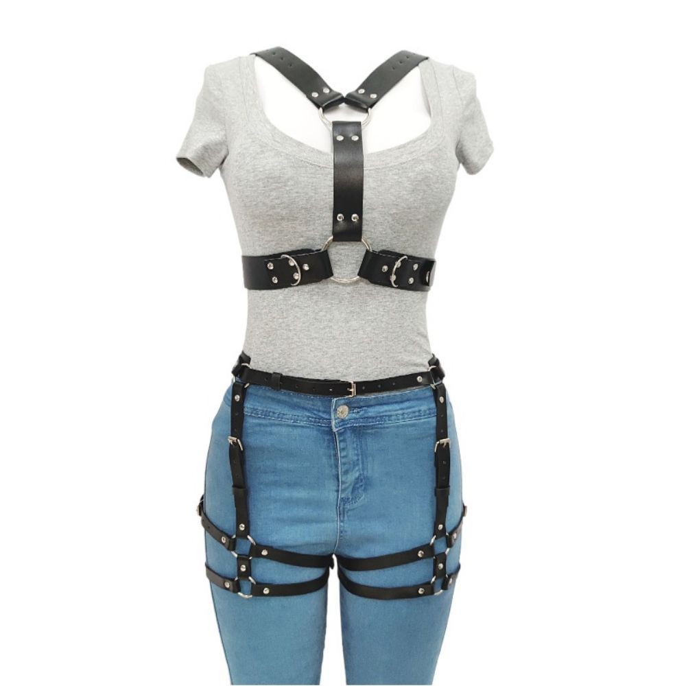 Adult sexy leather clothing women's bondage set PU leather 2-piece feminine products Specification drawing