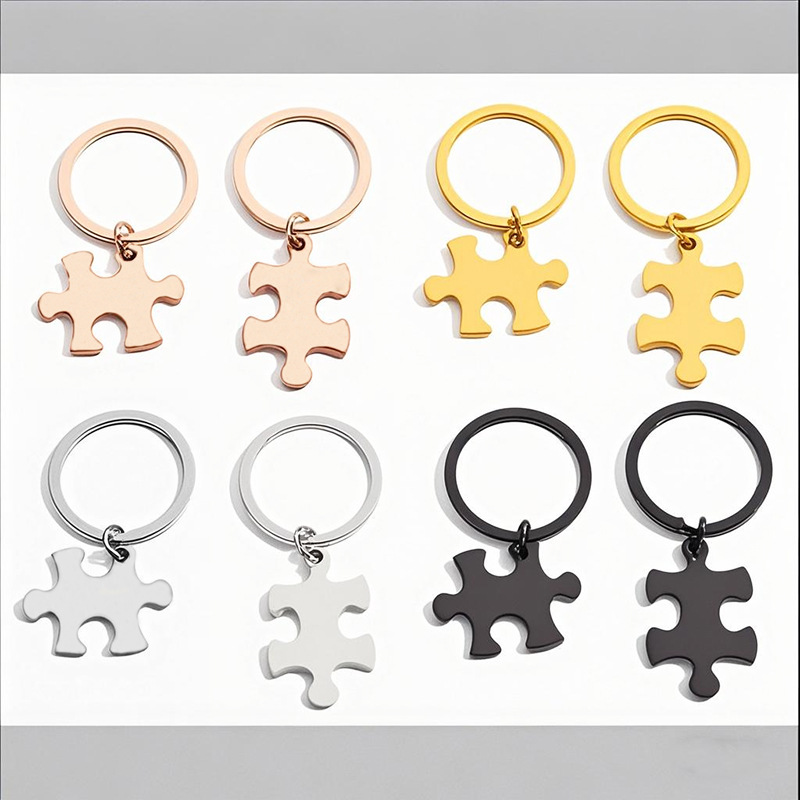 欧美热销跨境新款热卖情侣圆形钥匙扣情人节礼物不锈钢拼图吊坠