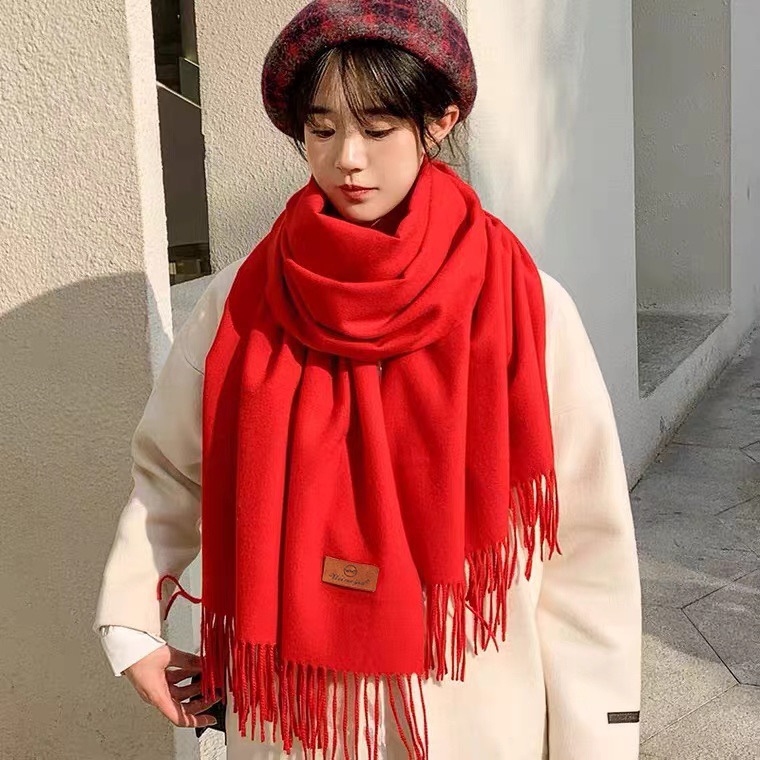 Thickened solid-color faux cashmere women's winter red year-end party Chinese red scarf printed and embroidered for warmth wholesale