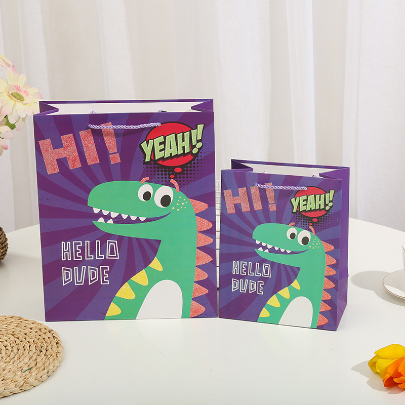 Cartoon Q-version dinosaur gift bags, hand-held bags, gilded and powder-coated paper bags, birthday return gifts and souvenirs, South American packaging bags details Picture
