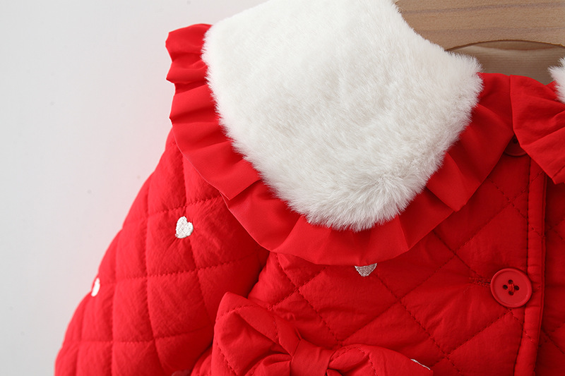 2023 Winter New Two Bows Covered With Love Lapel Diamond Check Cotton-Padded Coat Girl Plus Cashmere Small Cotton-Padded Coat Specification drawing