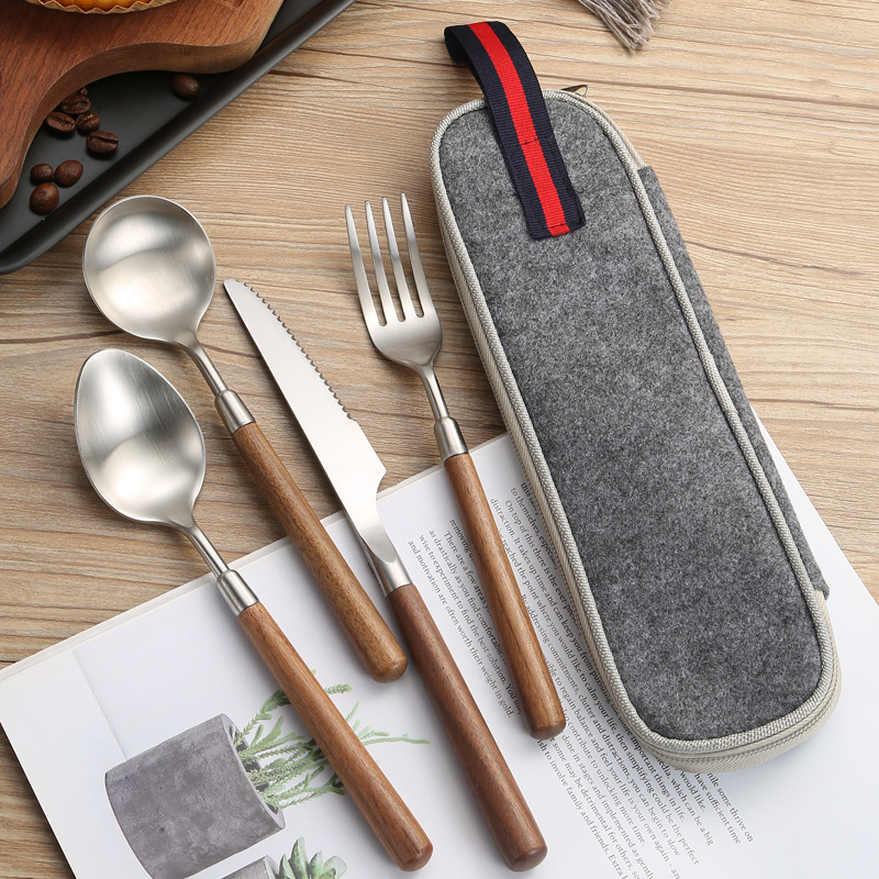 Amazon 304 Stainless Steel Walnut Handle Knife And Fork Spoon Western Restaurant Steak Knife And Fork Travel Portable Tableware Set