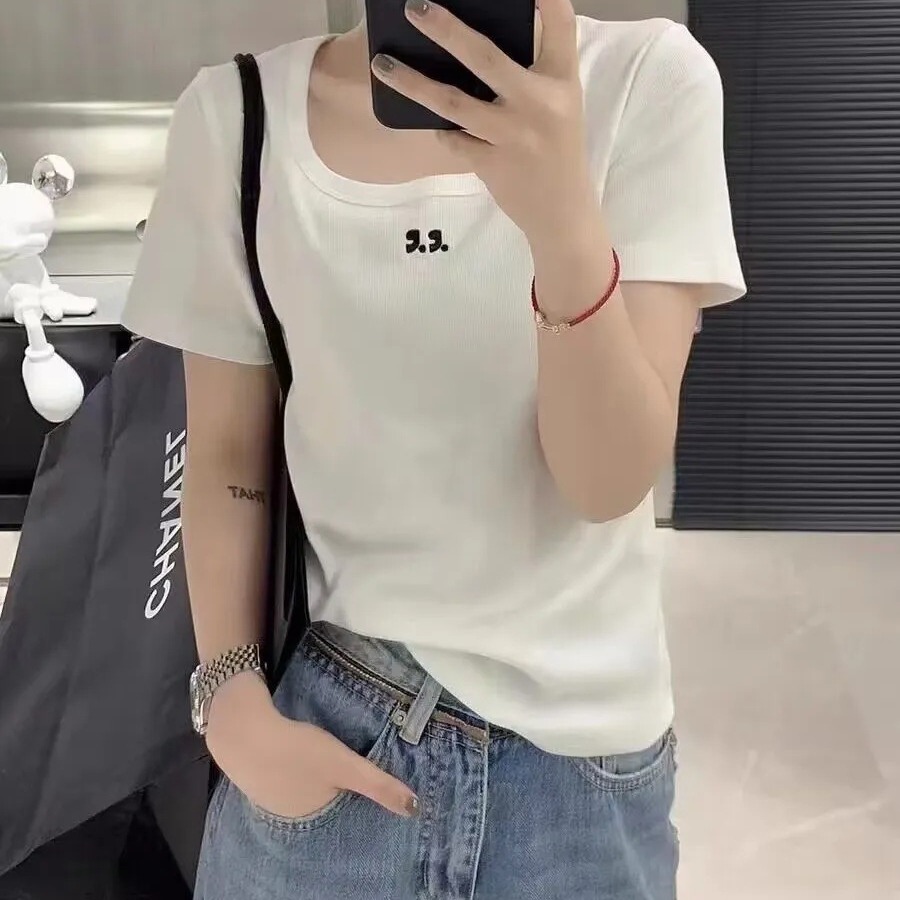 短袖t恤女2024夏季新款螺纹正肩设计感小众刺绣内搭洋气打底半袖