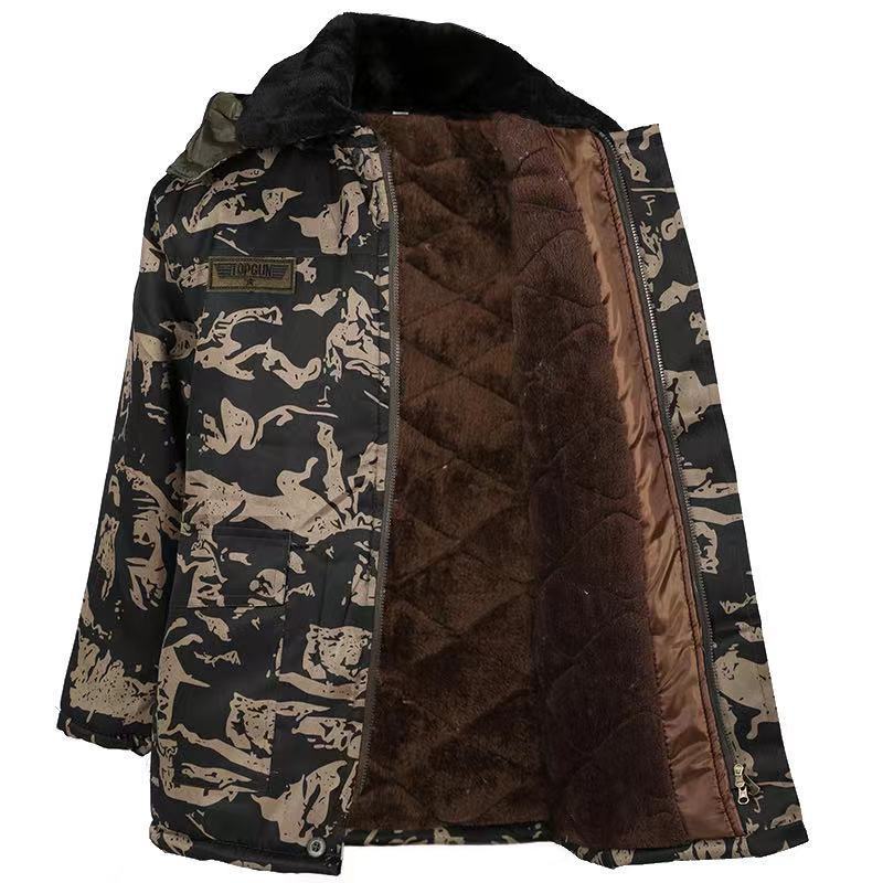 Protección laboral al por mayor invierno hombres y mujeres protección contra el frío y el viento calor camuflaje más terciopelo engrosado con capucha chaqueta chaqueta de algodón chaqueta de algodón abrigo Item Picture