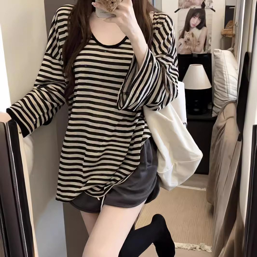 慵懒风条纹圆领防晒长袖T恤女夏季薄款oversize宽松显瘦罩衫上衣