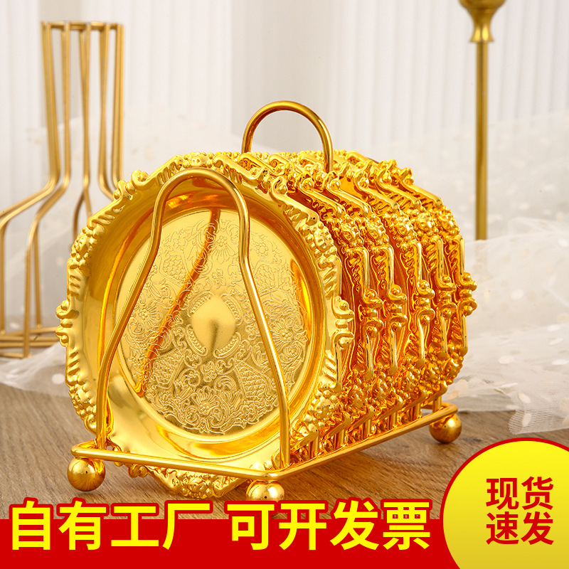High-Grade Light Small Dish Set 6 Belt Rack European Iron Cake Fruit Tray Dry Fruit Snack Tray Pattern Coaster