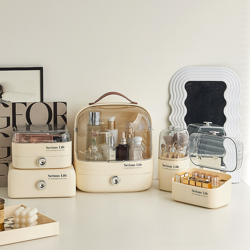 Creamy InS-style cosmetics storage box set, large-capacity desktop dust-proof skin care products, lipstick and mask rack