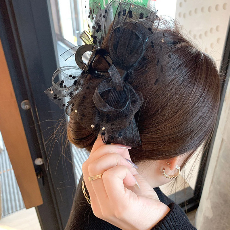 Summer new double-sided large bow clip, sequined princess on the run hairpin, black lace polka dot shark clip for women details Picture