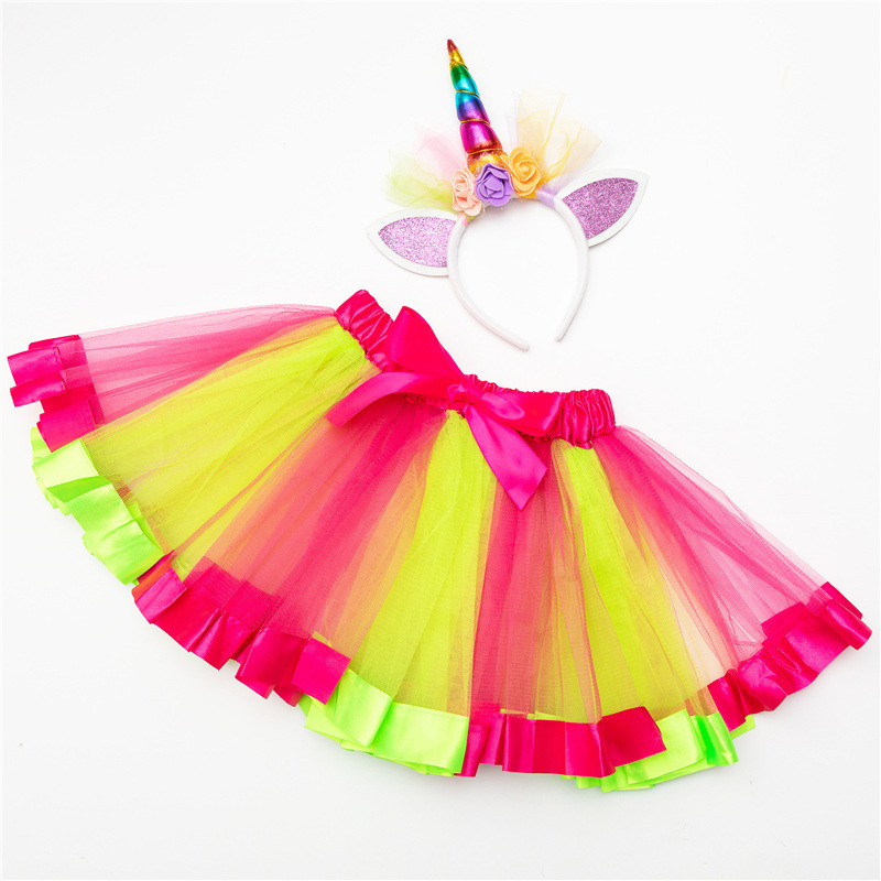 Gauze rainbow pommel dress Children's tutu Princess dress with headband set baby dress Item Picture