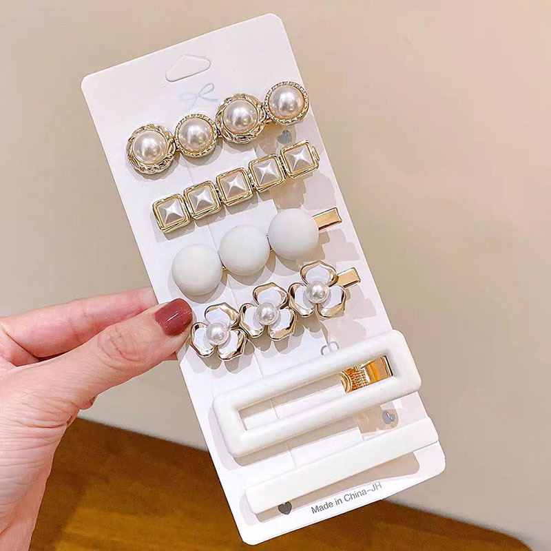 跨境新款简约可爱珍珠发夹套装水钻侧边夹少女一字夹发卡发饰批发图