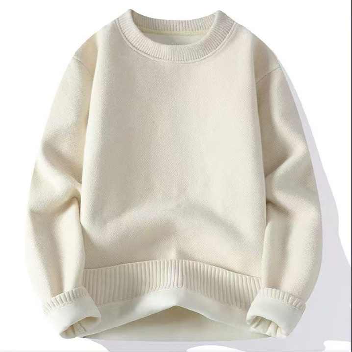 Men's casual, warm, fleece and thickened round-neck sweater for autumn and winter solid color loose one-piece fleece knitted sweater, versatile base layer Application Scenario