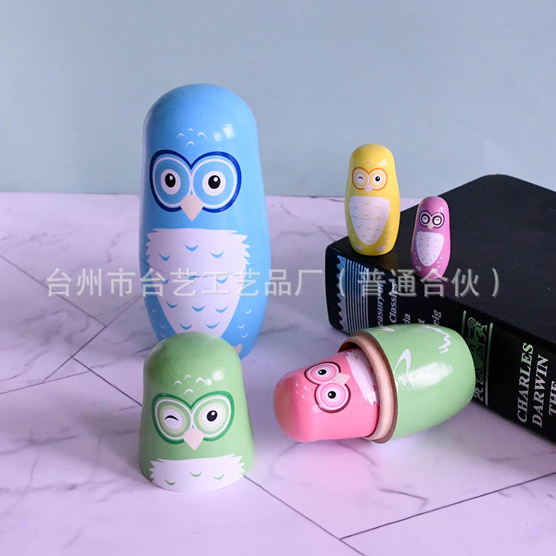 Modern and simple owl Russian matryoshka doll painted cartoon children's toy five-layer stackable puzzle gift Specification image