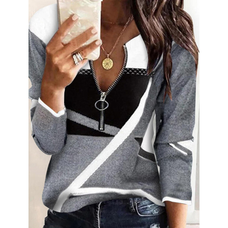 The 2021 Amazon cross-border Women's Clothing Autumn and Winter bestseller in Europe and America: A color-blocked V-neck zipper women's plus-size casual hoodie for women Specification image