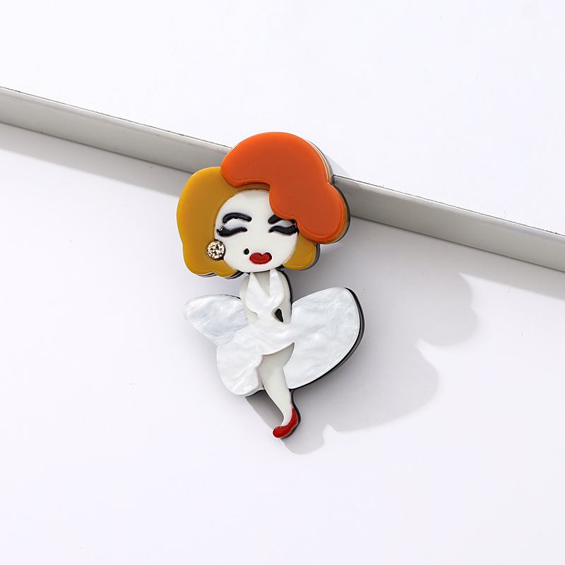 In stock, we offer a cute and stylish, simple cartoon acrylic Q-version Marilyn Monroe accessory brooch for your chest Application Scenario