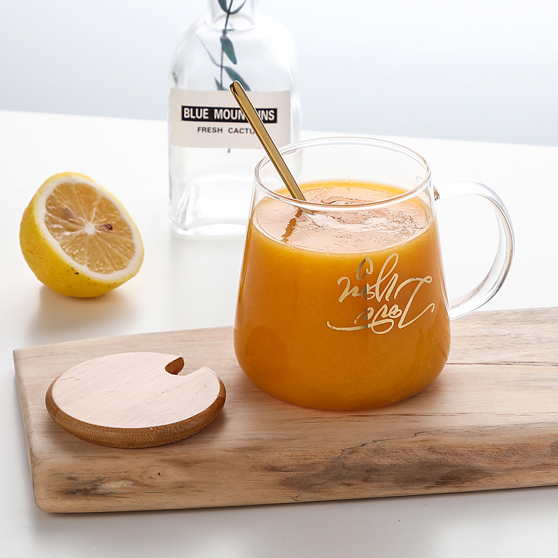 Creative Glass Breakfast Cup Home Milk Cup With Lid And Spoon High Appearance Level Girls Glass Water Cup Specification drawing