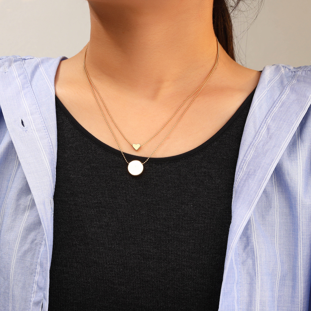 Simple Temperament Love Necklace Advanced Sense Fringe Round Piece Pendant Accessories 18K Gold Double Adjustable Accessories Specification drawing