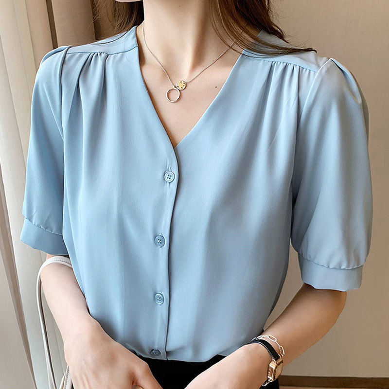 Women's summer 2023 new style chiffon shirt with a Korean collar, loose, slimming, elegant and stylish short-sleeved chiffon shirt trend