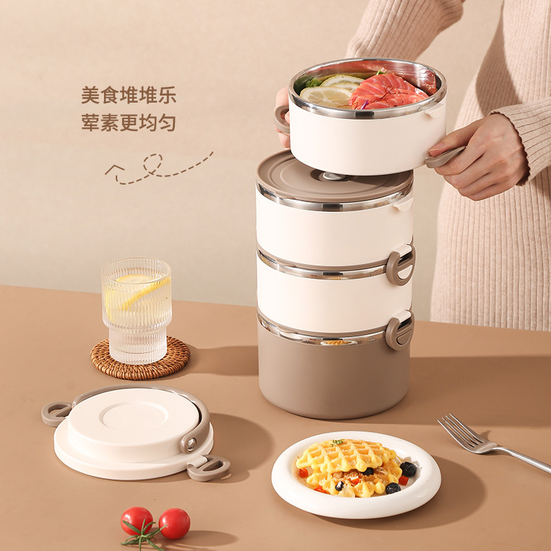 304不锈钢保温学生便当盒发泡圆形多层饭盒提手饭盒保温桶logo