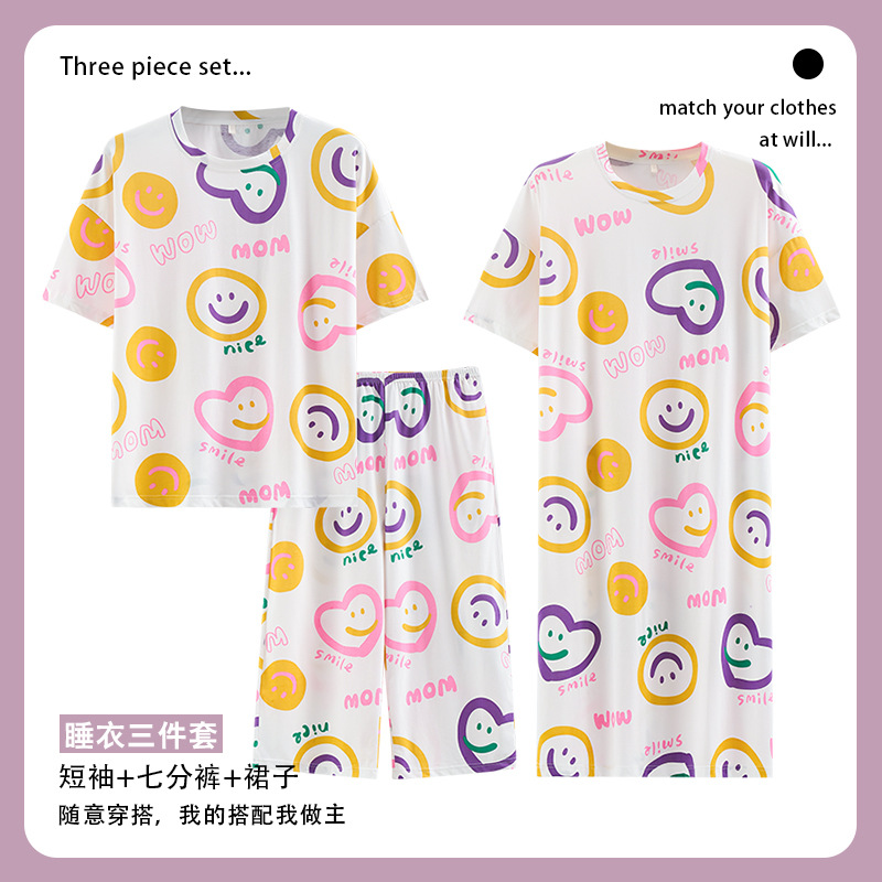 Pyjamas Women Summer Short Sleeve Mid-Length Trousers Women Cropped Trousers Set Home Wear Cotton Summer Nightdress Three-Piece Set Can Be Worn Outside Application Scenario