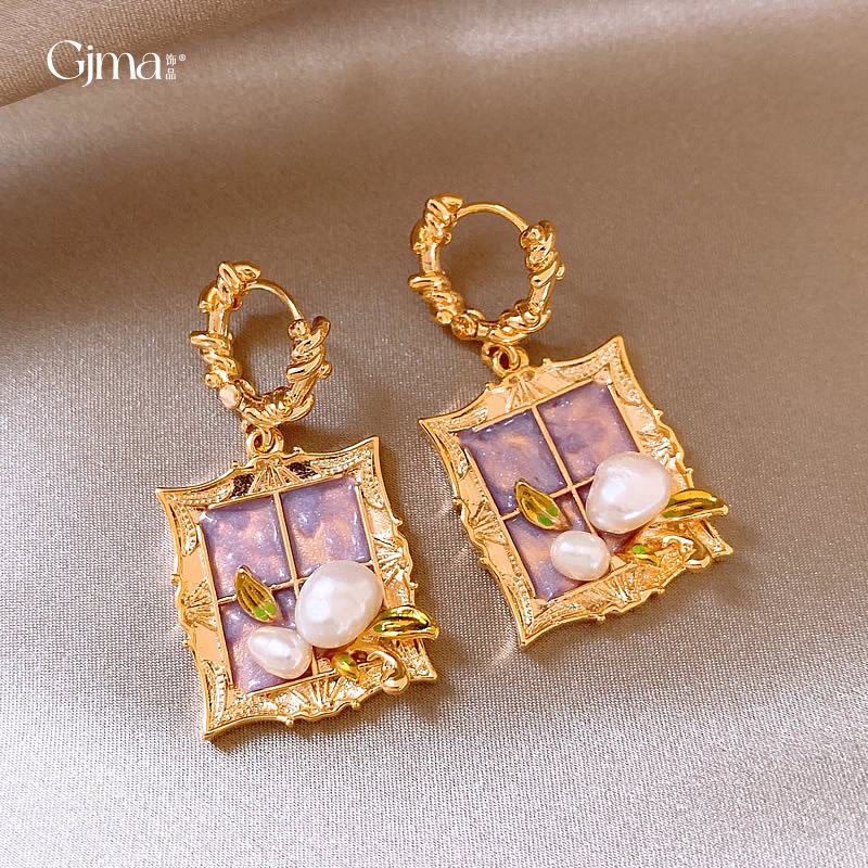 莫奈花园紫色油画风巴洛克珍珠耳环复古耳钉女轻奢高级感独特耳饰图