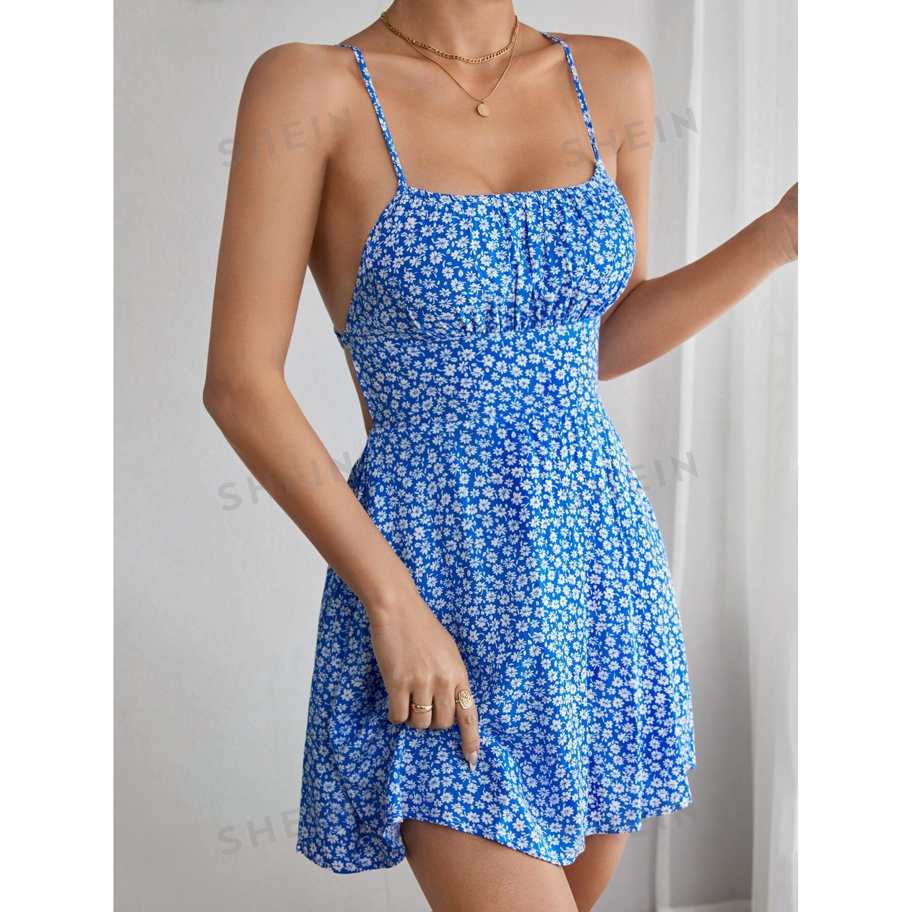 New cross-border plain weave small pattern cross tie, cross backless Camille mini skirt summer wear in 2024 Specification drawing