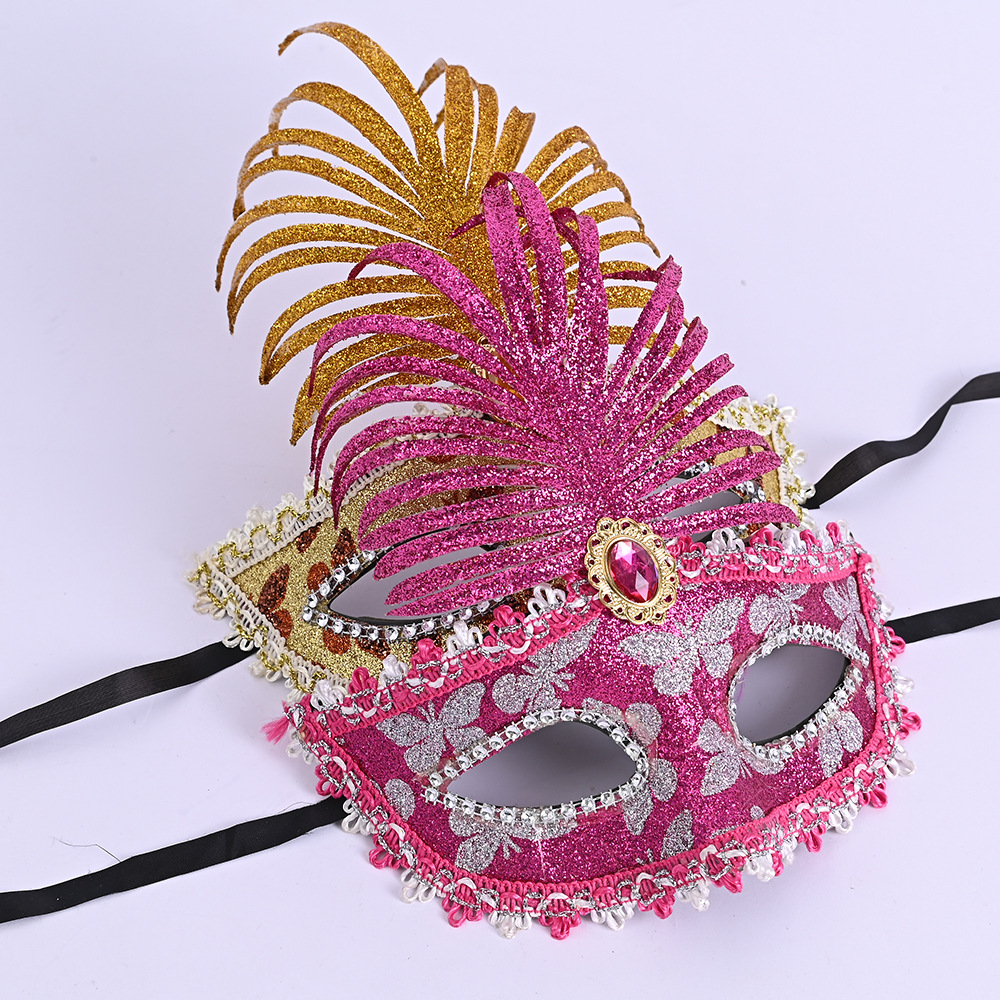跨境专供万圣节舞台装饰道具创意羽毛宝石面罩派对装饰面罩批发