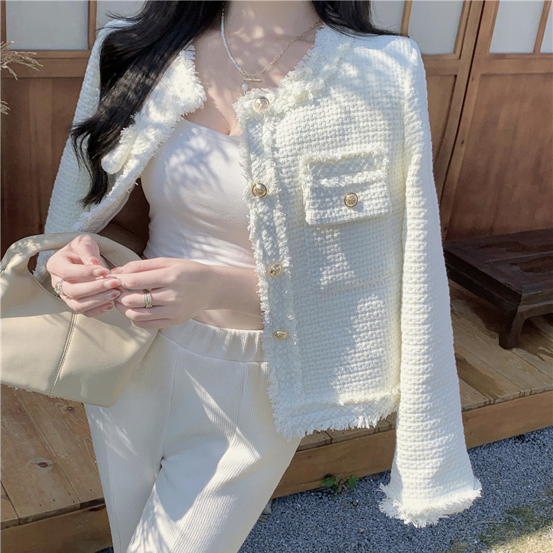 Rong Guan Da New Spring And Autumn All White Small Fragrant Wind Coat Women Unique Chic Design Sense Of Short Top full figure