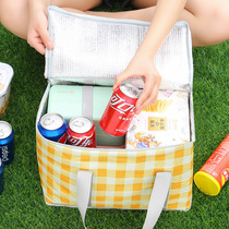Large plaid insulated bag Travel outdoor picnic bag Thickened aluminum foil folding bento bag Square lunch box insulated bag