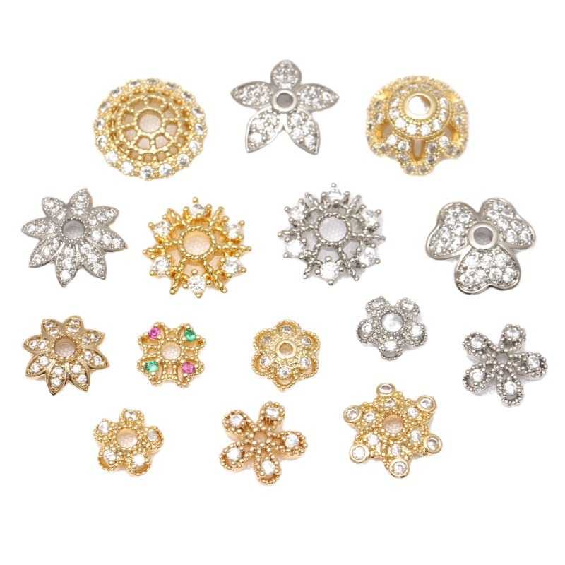 14K Gold-Covered Large Flower Pedestal Micro-Inlaid Zircon Diy Jewelry Accessories Septum Flower Cap Loose Beads Handmade Beading Materials Item Picture