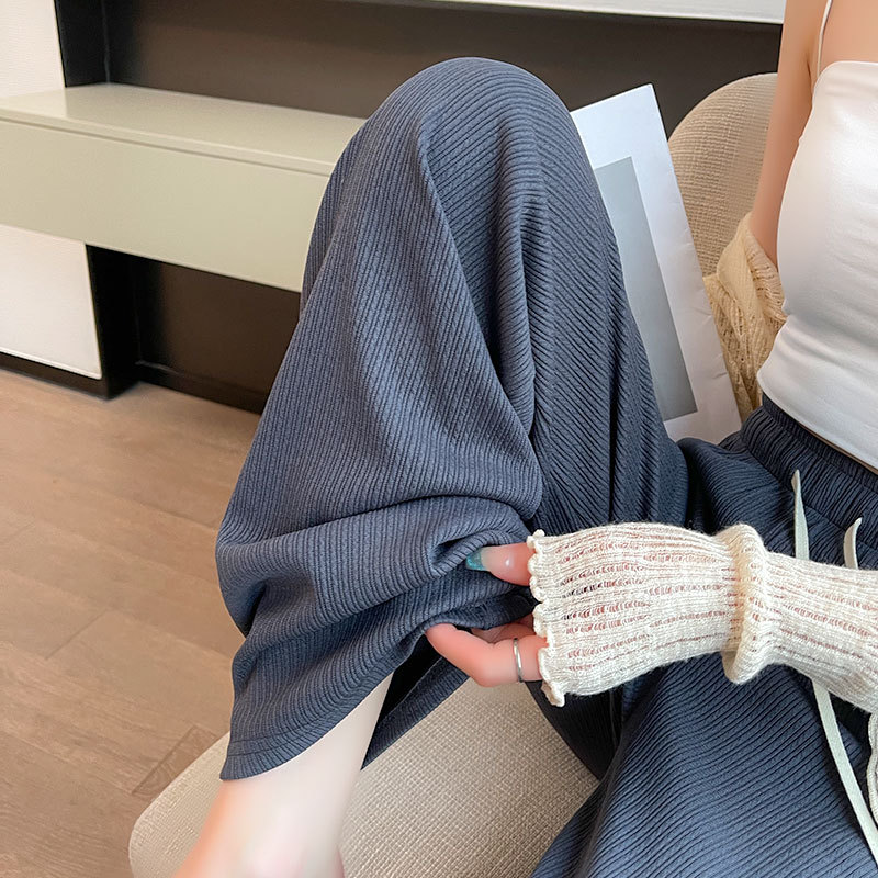 Spring 2024 narrow-knit wide-leg pants for women, high-waisted, drape, casual, sporty, short straight-leg trousers details Picture