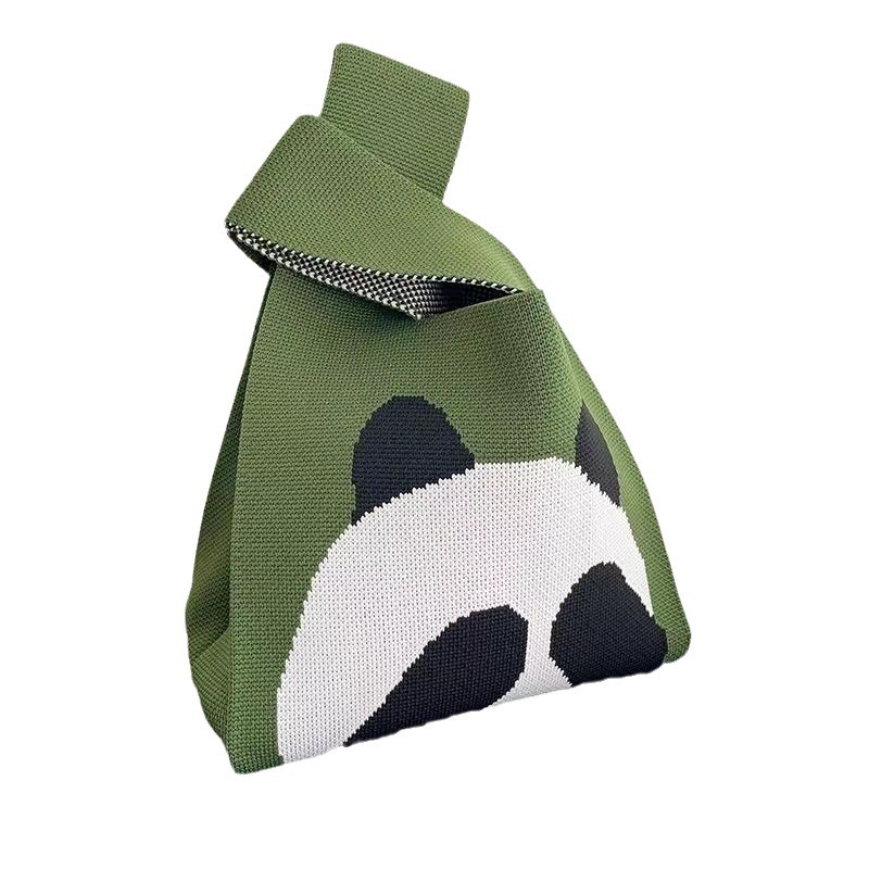 可爱熊猫手提包女针织毛线水桶包日韩版百搭手拎休闲托特包盒饭袋白底实物图