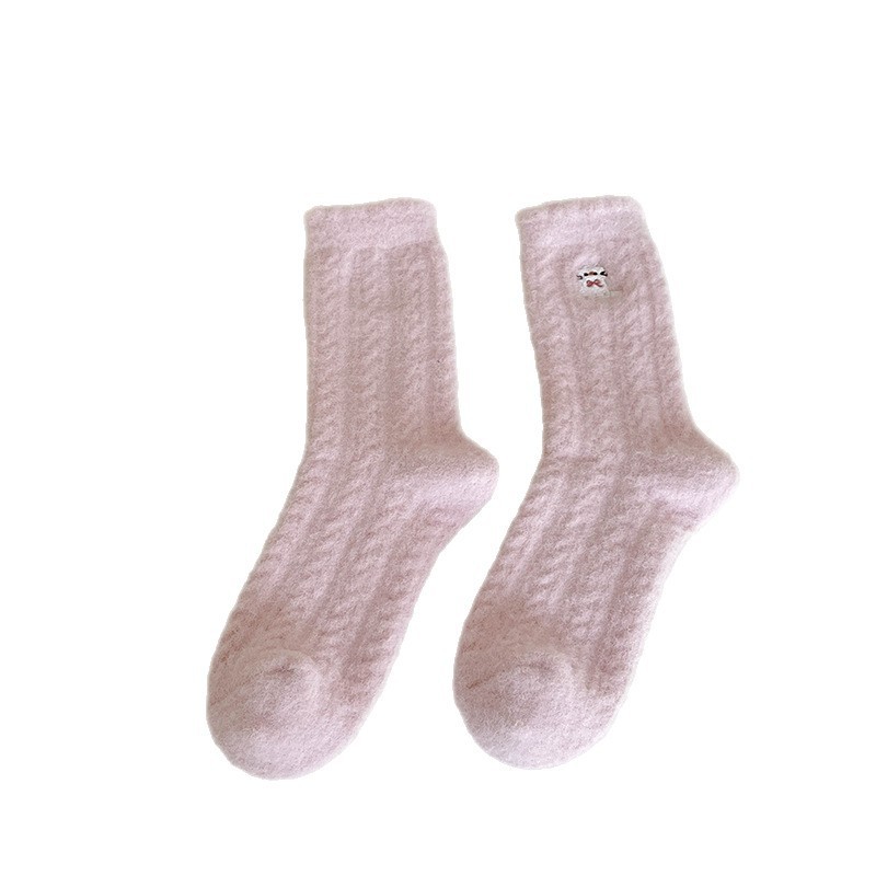 One-piece delivery of Australian fleece autumn and winter socks for women, pink and purple, cute cat animals, cartoon embroidery, mid-calf socks, warm postpartum socks, floor socks Item Picture