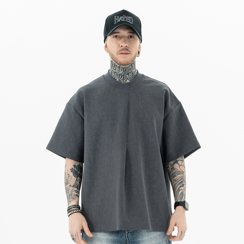 SUP Men's Wear - 2024 Spring/Summer new Collection: American streetwear brand solid color snowflake washable cotton loose off-the-shoulder short-sleeved T-shirt for men Specification image