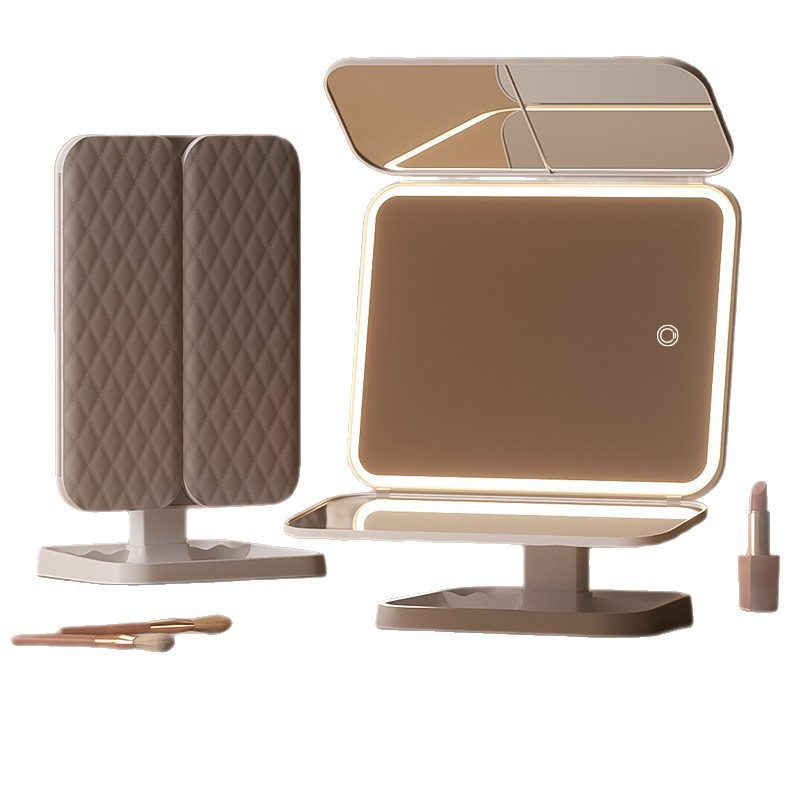 镜子化妆镜led带灯桌面台式可立折叠家用学生宿舍放大梳妆美妆镜白底实物图