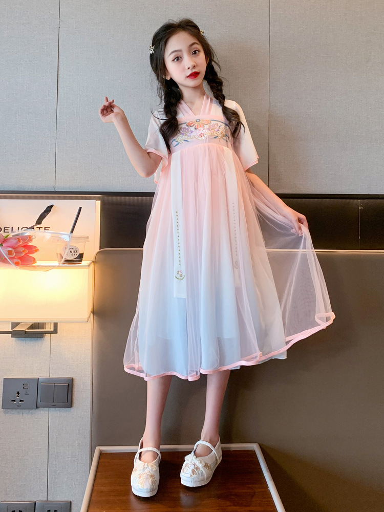 2024夏季新款女童连衣裙夏装中国风汉服裙子刺绣公主网纱古装裙子