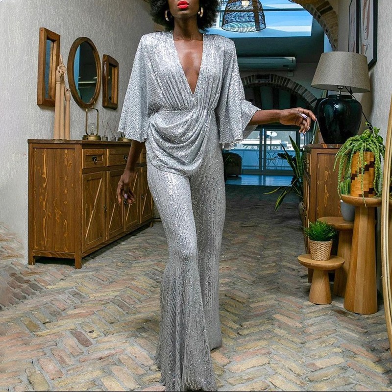 2025 New women's clothing for European and American foreign trade, ebay and Amazon direct sales, sequined sexy deep V backless jumpsuit long pants Specification image