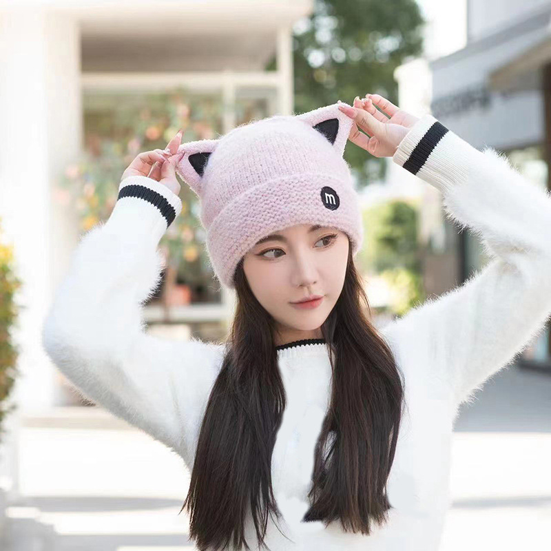 新望江 品牌名 2022秋冬新款保暖加绒毛线帽女时尚百搭可爱卡通猫耳针织帽刺绣字母帽成人帽 型号 现货 卡通猫耳朵毛线帽