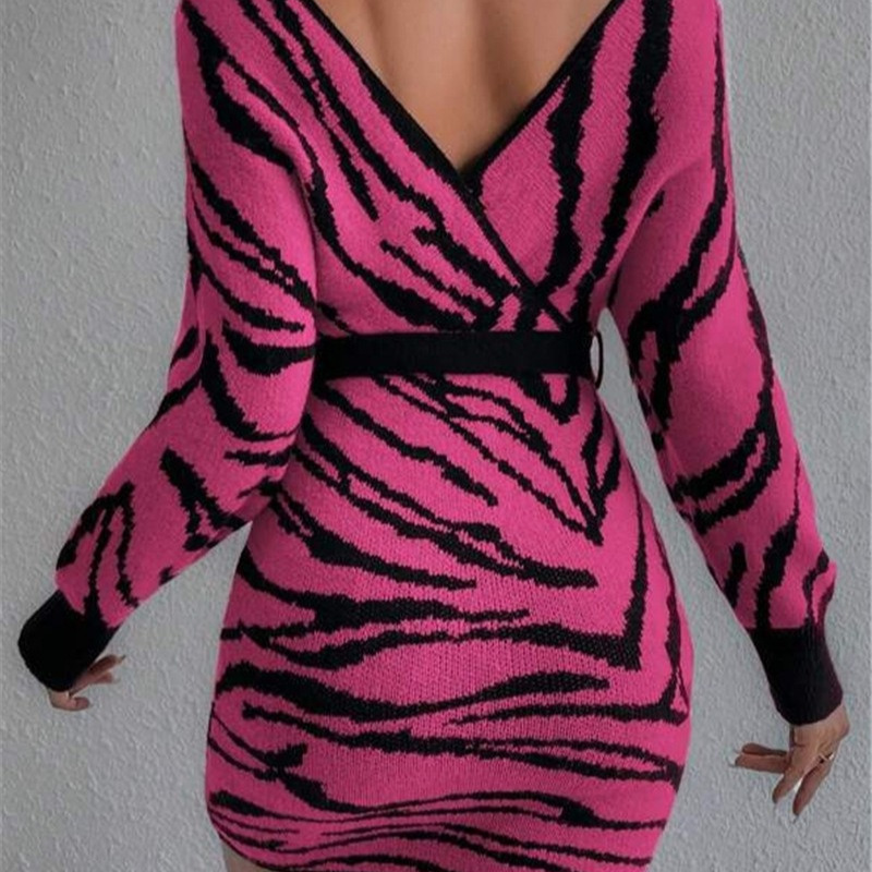 New zebra-patterned bat-sleeve lace-up sweater and V-neck high-waisted dress from cross-border Amazon in Europe and America for autumn and winter details Picture