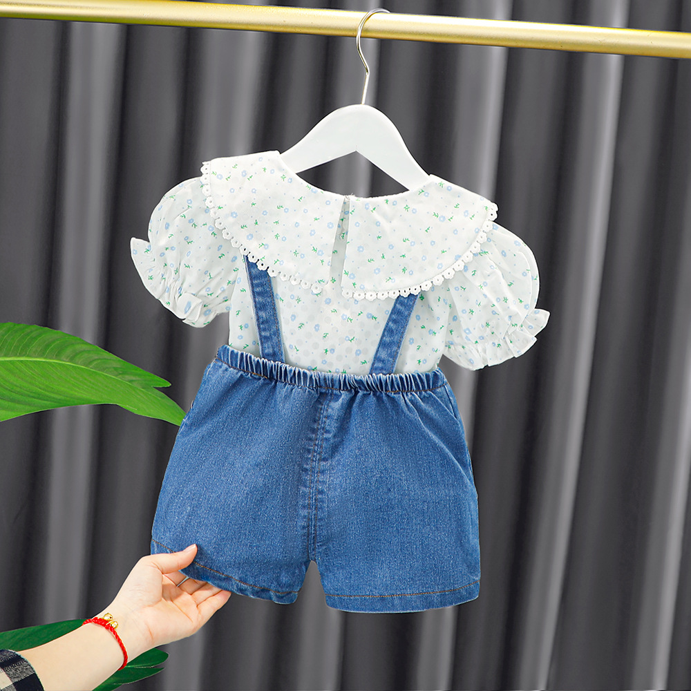 Summer new children's set, cross-border delivery of children's clothing, two-piece set of cute baby collar, shoulder strap shorts Application Scenario