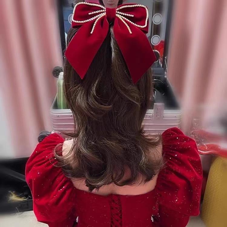 New Vintage Toasting Headwear Bridal Red Premium Velvet Bow Hairpin Net Red Hair Accessories