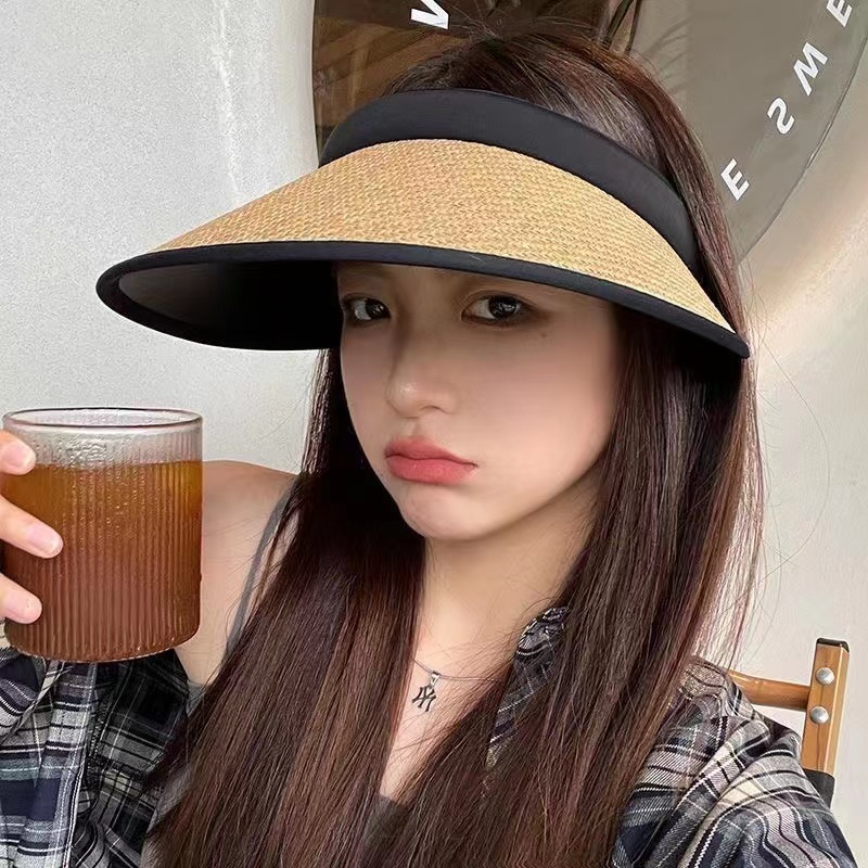遮阳防晒帽女2023新款夏季大帽檐防紫外线太阳帽遮脸空顶草编草帽详情图2