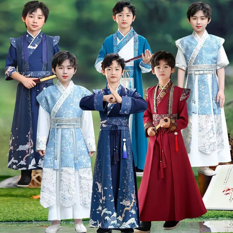 国潮男童汉服儿童春夏唐装男孩中国风帅气古装小少爷古风飞鱼服演出服
