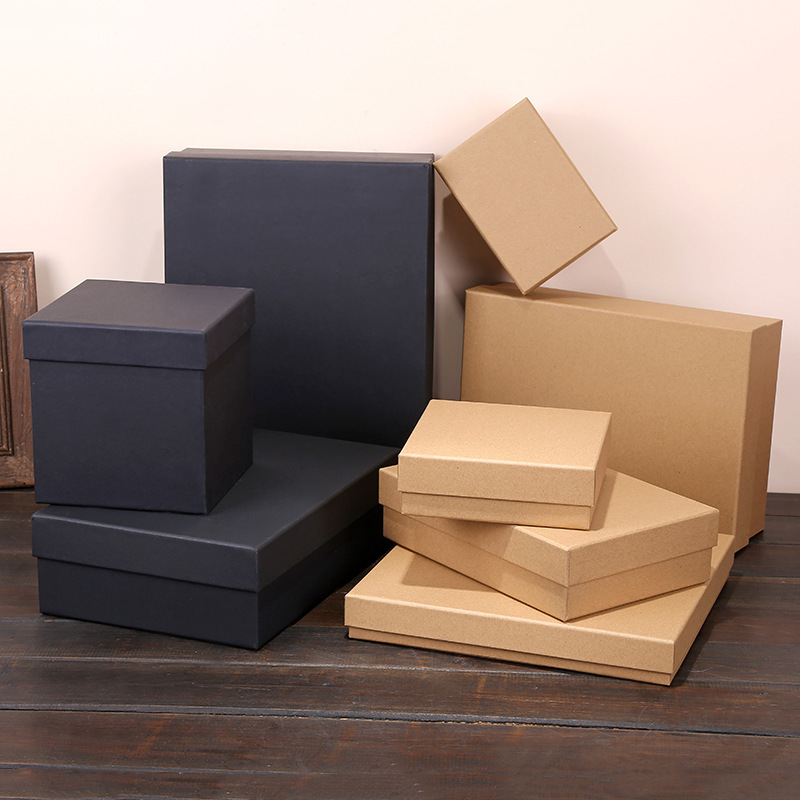 Vintage kraft paper hard box rectangular gift packaging box with top and bottom cover, empty box large black card paper gift box in stock details Picture