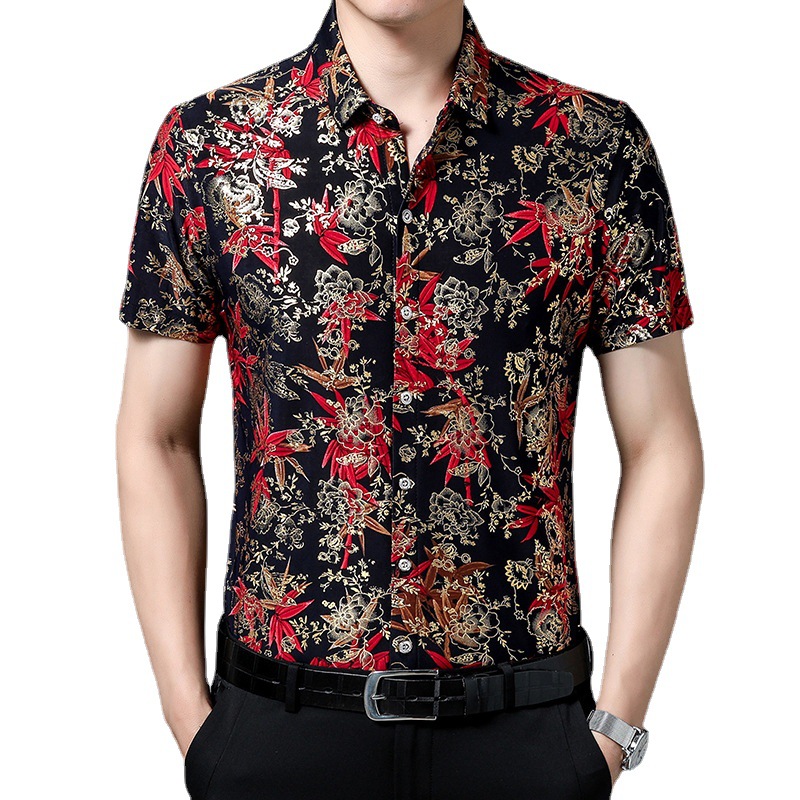 A middle-aged man's summer short-sleeved floral shirt, loose and no-iron casual half-sleeved ice silk shirt, gold-embossed thin top is trendy Item Picture