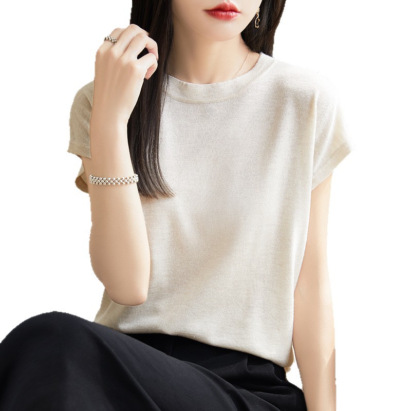 Lyser round-neck top Tencel knitted short-sleeved T-shirt for women's Summer 2025 solid color base layer wholesale breathable and comfortable Item Picture