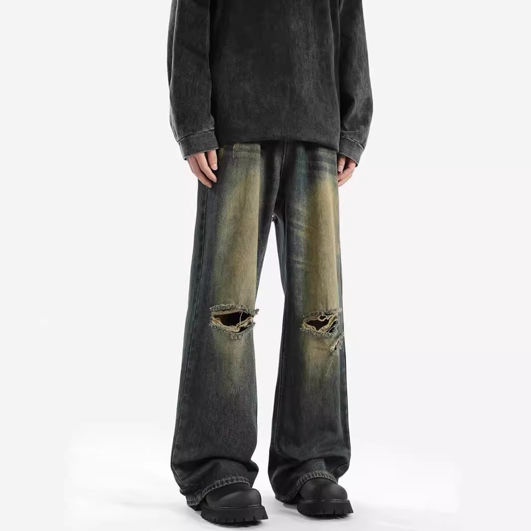 American wash pants high street ins retro ripped jeans men's summer straight leg loose brand high-grade pants Application Scenario