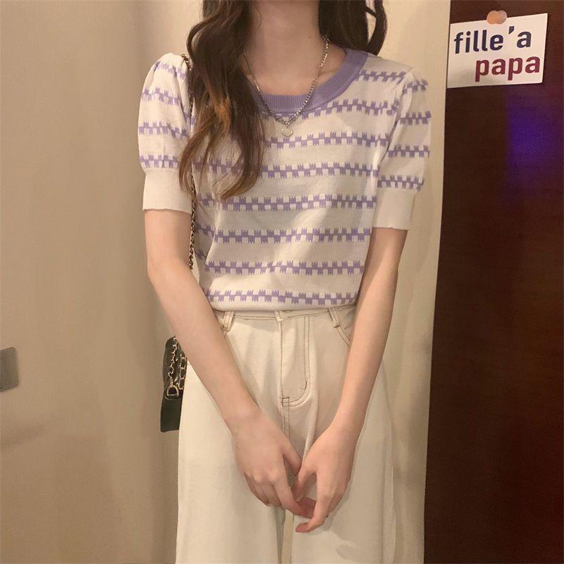 Fashion 2023 Summer Cute Style Fresh Sweet Ice Cool Silk Pullover Round Neck Slim-Fit Blouse For Women Specification drawing