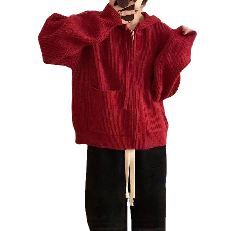 The new hooded knitted cardigan for autumn and the thickened women's sweater for winter can be worn over the loose, thickened and laid-back Korean-style pocket Item Picture