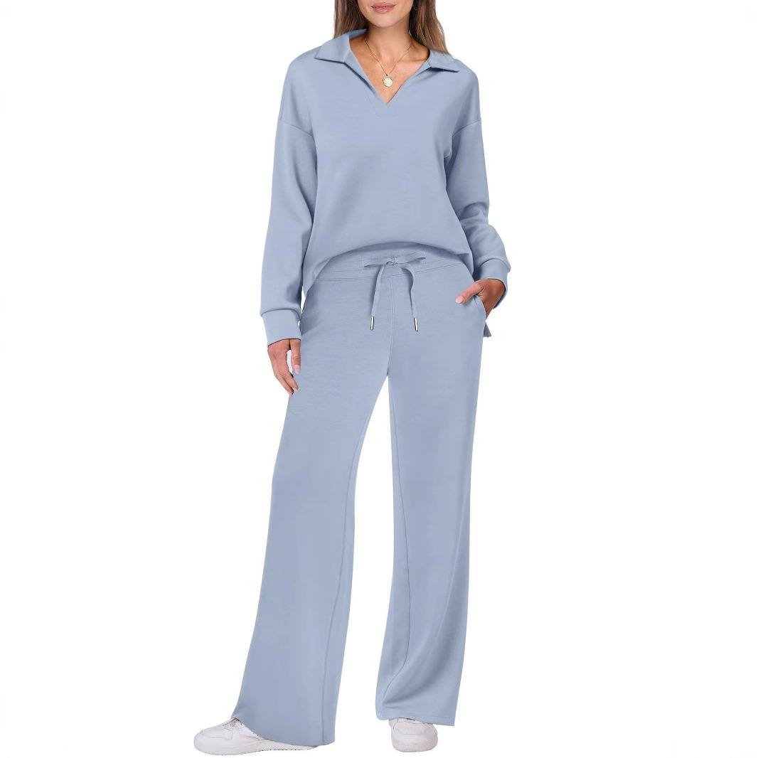 2025 Amazon Europe and America Autumn/Winter New Fashion Casual Women's long-sleeved drawstring Solid color commuter Long Pants Set for women Item Picture